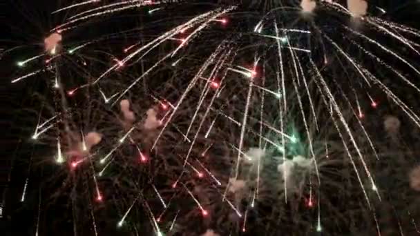 Close-up multi-colored festive fireworks on a black background. Abstract background of the dark sky with a salute for the celebration of the new year, christmas, city day or independence day. — Stock Video