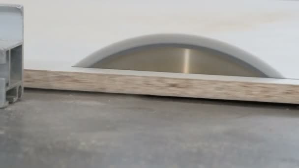 Gros plan d'une machine avec un disque qui coupe un panneau de particules blanches. Le bruit original de la scie. Atelier pour la production de meubles à partir de matériaux en feuilles .