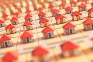 Kırmızı kağıt çatılı ev yapımı oyuncak evler. Seçici odak, inşaat haberleri ve ipotek tasarımı için bulanık arka plan. Yakın çekim, makro. Bir köy veya şehir bölgesinin soyut modeli.