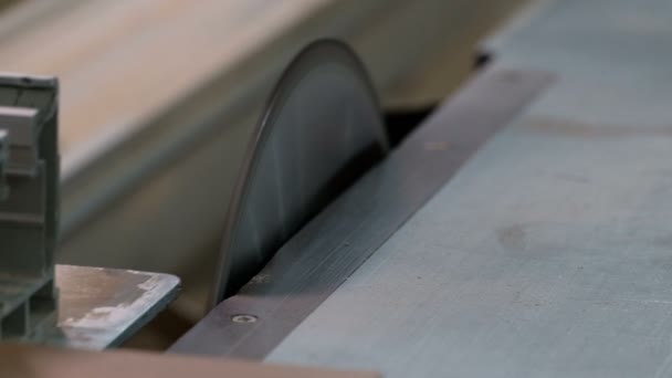一台圆锯的机器穿过一块层压板 家具锯木零件 制造业和工业 浅景深 选择性聚焦 — 图库视频影像