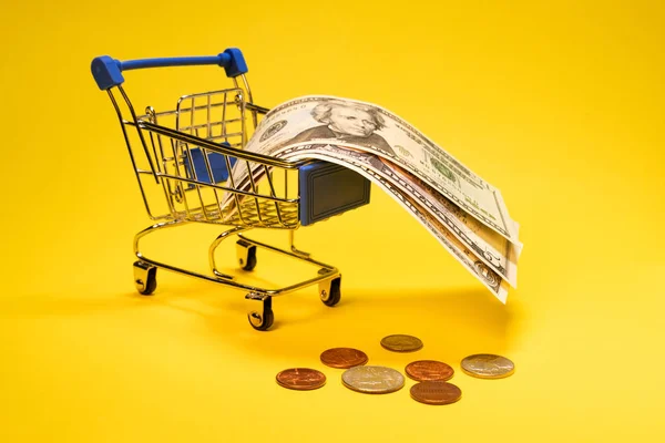 우리 달러와 동전 은 슈퍼마켓에서 트롤리 또는 쇼핑 바구니에. 쇼핑, 할인, 온라인 쇼핑, 소비자 능력 또는 블랙 프라이데이의 개념. 노란색 배경. — 스톡 사진