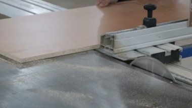 Marangoz, yonga levhayı sınırlayıcı ile makineye koyar ve dairesel testere ile beklemeye başlar. Mobilya imalatı. Ortalama plan. Ahşap atölyesi. Orijinal ses.