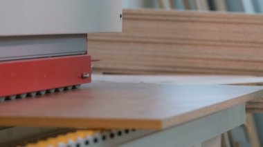 Ahşap parçalar kenar için makine. Mobilya üretim atölyesi. Yonga levha kılavuz silindirleri boyunca hareket eder. İş makinelerinin gerçek sesi.