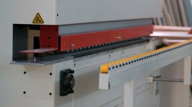Ahşap parçalar üzerinde kenarları yapıştırma için makine. Kılavuz silindirler üzerinde parçacık tahtası hareketi. Mobilya imalatı. Çalışan bir ahşap işleme makinesinin gerçek sesi.