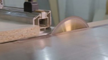 Dairesel testere li takım tezgahı ve bir doğrucun yakın çekim elleriyle. Çift kalınlaşmış yonga levha parçası kenarını testere. Elektrikli bir aletle kesme ve kesme. Mobilya imalatı.