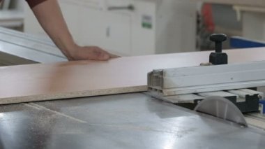 Dairesel testereli ağaç işleme makinesi. Mobilya imalatı. Joiner bir yonga tahtası testeresi. Close.