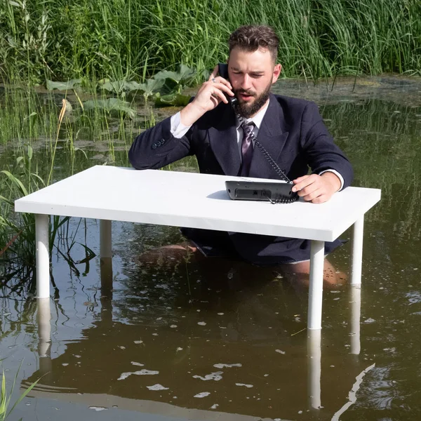 Bataklıkta pantolonsuz bir iş adamı. Takım elbiseli, katip ya da ofis yöneticisi olarak sakallı bir adam beyaz bir masada bataklıkta oturuyor ve telefonda konuşuyor. Kriz veya rutin teknik destek kavramı.