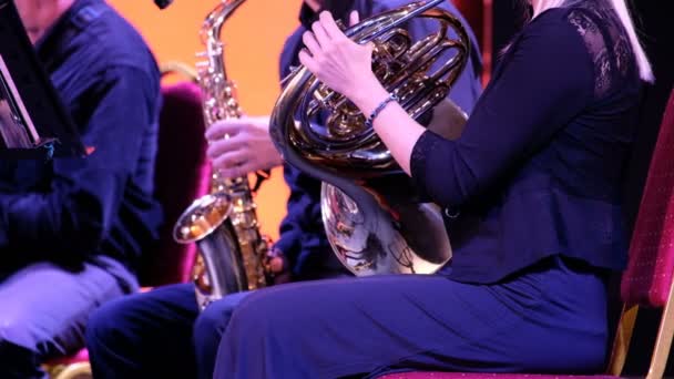 一位女音乐家在前面的法国号角上演奏 专业的市政铜管乐队 一个在背景音乐中演奏萨克斯风的人是模糊的 后续行动 — 图库视频影像