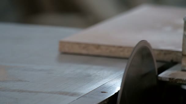 Machine avec une scie circulaire. Sciage de pièces de panneaux de particules. Fabrication de meubles. Un gros plan des mains du travailleur poussant la partie sciée de côté. Mesures de sécurité. Un vrai son .