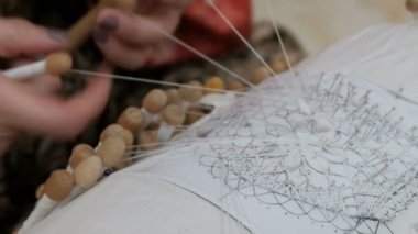 Kadınların elleri eski moda dantel dokuyor. Şablona göre iplik, korse ve iğneler kullanıyor. El işi. Yakın plan. 19. yüzyıl çalışması..