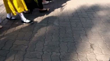 Bir grup genç, farklı kahramanların kostümleriyle şehir caddesinde yürüyorlar. Cosplay gösterisi ya da karnaval alayı. Cadılar Bayramı ya da çizgi roman günü kutlaması..