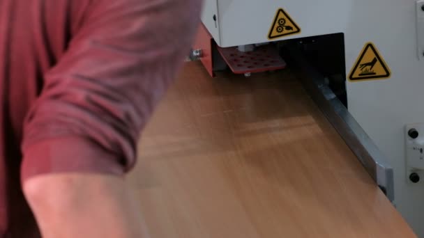 Männerhände Einer Elektrischen Maschine Zum Kleben Von Kanten Auf Spanplatten — Stockvideo