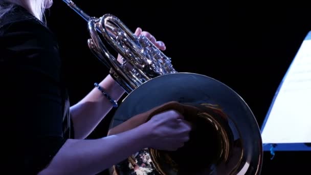 铜管乐队的音乐家 协奏曲 金发姑娘吹法国号角 女性手部的特写 侧视图 管弦乐队的女音乐家 — 图库视频影像
