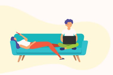 Bored couple on the couch. A man is watching laptop and the woman is surfing the internet while lying on the couch. Trendy style of illustration with vector graphic. clipart