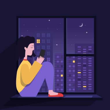Küçük bir kadın gece pencerede bir kitap okuyor. Şehrin gece manzarası. Düz tasarım ve vektör çizimi. Üzgün kız arkadaşlarından mesaj arıyor..
