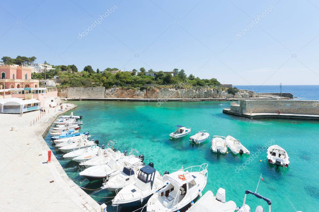 Apulia, Tricase Porto, Italy - Motor-boats at the seaport of Tricase Porto