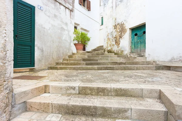 Specchia, Apulia, Italy - Walking up a historic stairway in the old town of Specchia — Stock Image Specchia Apulia Italy Walking Historic Stairway Old Town Specchia Stock Image