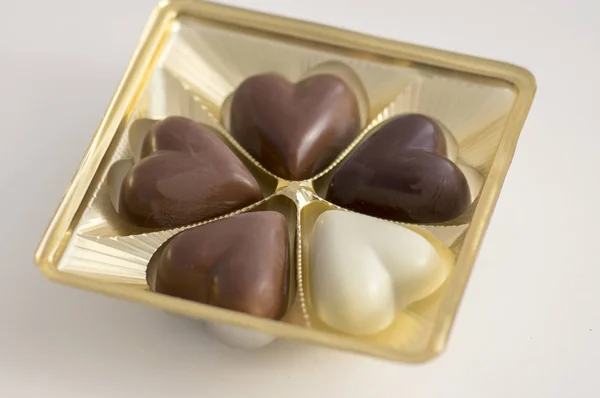 Dulces Chocolate Forma Corazón Color Marrón Blanco Caja Plástico Sabrosos — Foto de Stock