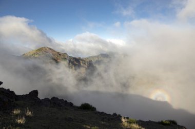 Brocken spectre also called brocken bow or mountain spectre appeared on Pico do Arieiro, Madeira, Portugal clipart