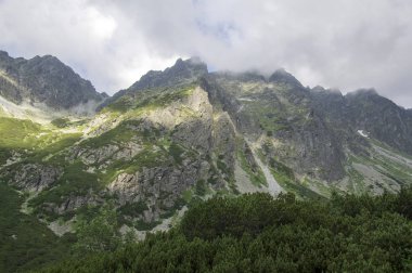 Mengusovska dolina, önemli hiking trail için yükseklik mount Rysy, yüksek Tatra Dağları, Slovakya, şaşırtıcı görüntülemek yeşil tepeler ve mavi gökyüzü ile