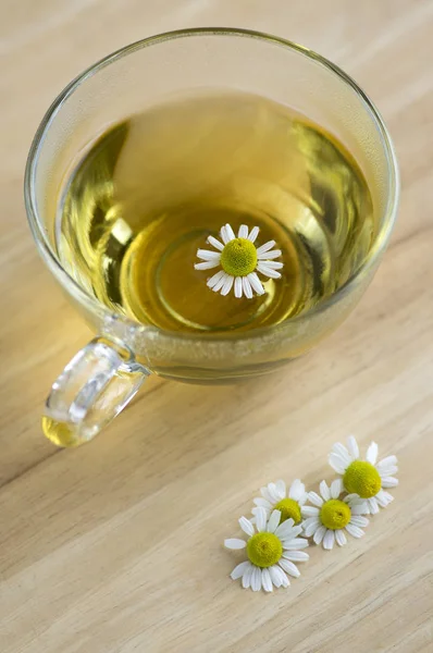 Matricaria chamomilla flowers and trasparent cup of tea on wooden table, fresh flowering herbal medicine in glass mug
