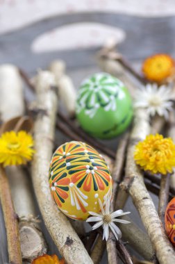 Ev yapımı el yapımı Boyalı Paskalya yumurtaları huş dallar gri ahşap tepsi, geleneksel hnadcraft yumurta, tatil dekorasyon