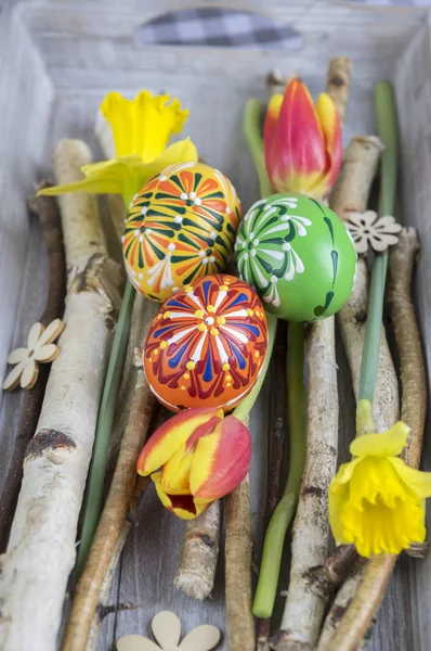 Caseiro Artesanal Pintado Ovos Páscoa Ramos Bétula Bandeja Madeira Cinza — Fotografia de Stock