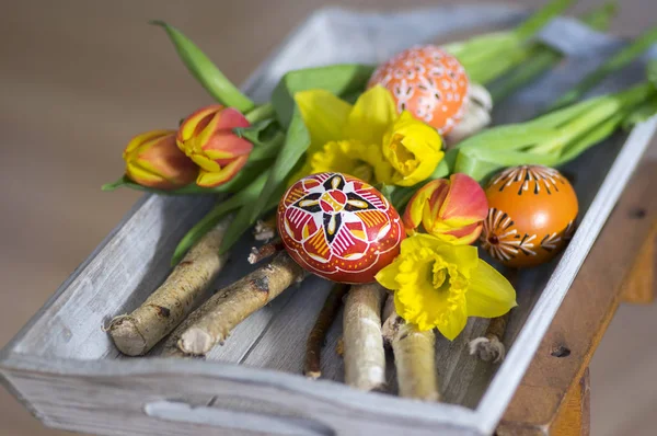 自制手工彩绘复活节彩蛋在桦木树枝上 传统手工艺蛋 节日装饰 — 图库照片