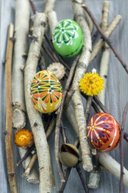 Ev yapımı el yapımı Boyalı Paskalya yumurtaları huş dallar gri ahşap tepsi, geleneksel hnadcraft yumurta, tatil dekorasyon