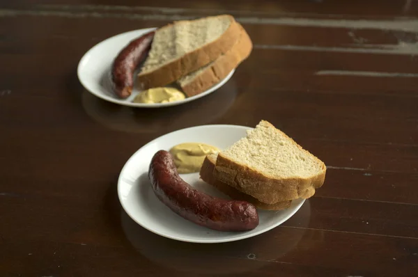 Sausages Mustard White Plates Wooden Table Fresh Bread Traditional Czech — Stock Photo, Image