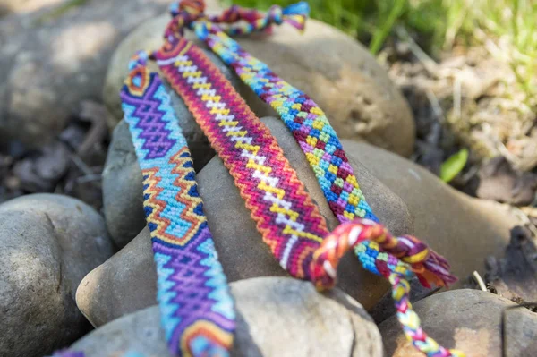 Natural Bracelets Friendship Row Colorful Woven Friendship Bracelets Background Rainbow — Stock Photo, Image