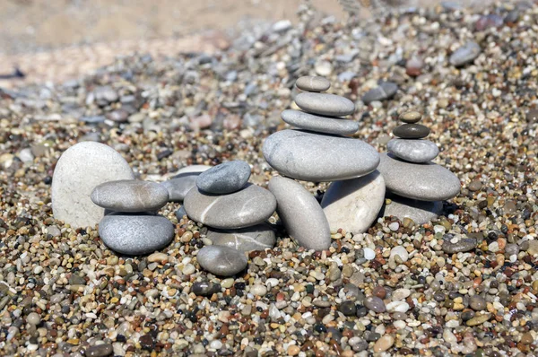 Stenar Och Grus Stack Harmoni Och Balans Sten Cairns Seacoast — Stockfoto