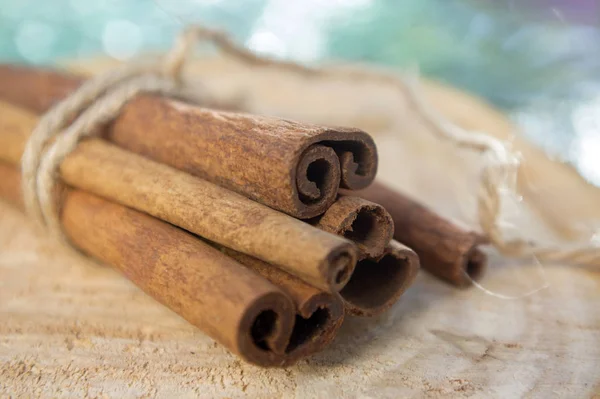 Fresh raw cinnamon sticks on wooden roung log slice tied with jute natural twine