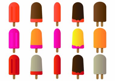 Üç farklı dondurmalar simgeler, sıcak renkler beyaz arka plan üzerinde izole çubuklu dondurmayı, buz şeker,