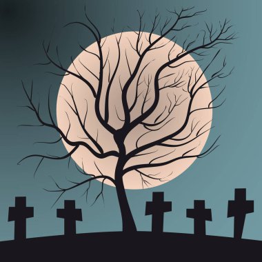 Yaprak döken ağaç üzerinde mezarlık mezar dolunay ile sakin ve korkunç Cadılar Bayramı sahne