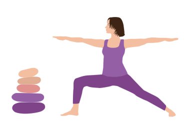 Meditasyon, uyum ve denge, pratik yoga, Virabhadrasana savaşçı poz, beş çakıl taşları ile taş cairn kısa kahverengi saçlı kadın