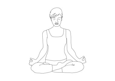 Kısa saçlı pratik yoga, lotus pozisyonu padmasana Handrawn kadın