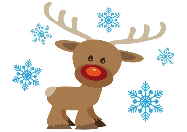 Venado Navidad Dibujado Mano Adorable Con Copos Nieve Ilustración Del — Vector de stock