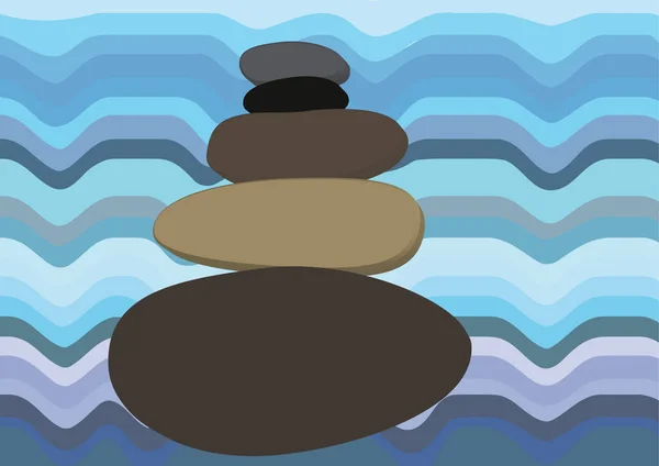 Harmonie Balans Vector Illustratie Stenen Cairn Tegen Golvend Water Blauw — Stockvector
