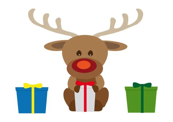 Venado Navidad Dibujado Mano Adorable Con Regalos Ilustración Del Vector — Vector de stock