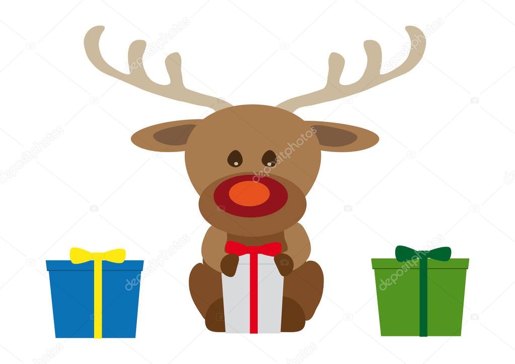 adorable hand drawn Christmas deer with gifts, vector illustration
