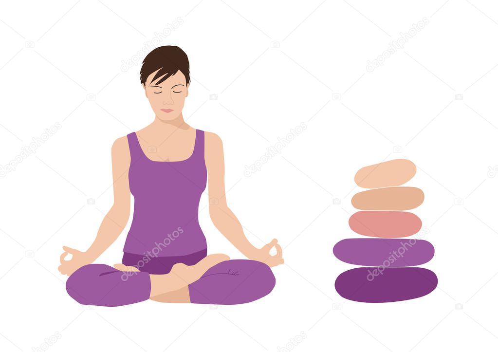 Meditation, harmony and balance, woman with short brown hair practicing yoga, stone cairn with five pebbles