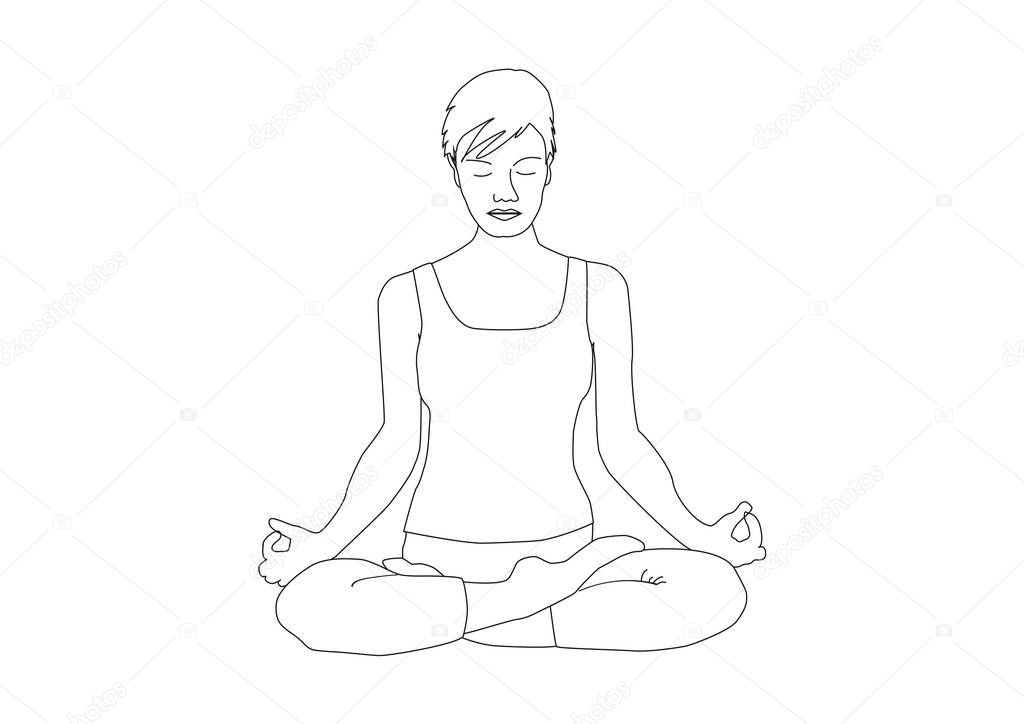 Handrawn woman with short hair practicing yoga, lotus position padmasana