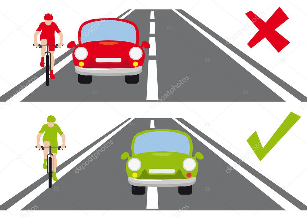 Safety on the road, bycicle and car, how to overtake a cyclist, red and green, correct versus incorrect way, model situation