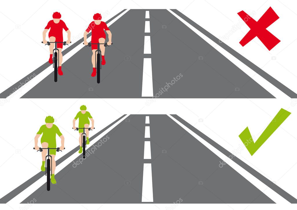 Safety on the road, two bycicles, how behave on the road, cyclists are running side by side and talking and cyclists are going behind, red and green, correct versus incorrect way, model situations