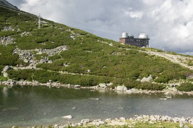 Skalnate pleso, astronomik adlı göl ve meteoroligical Gözlemevi Tatra Mountains, Slovakya için buzultaş dammed