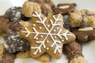 Pek çok beyaz tabak, zencefilli karanlık ve aydınlık, yıldız şekli çanak, bambu ahşap arka plan üzerinde Noel kurabiyeleri