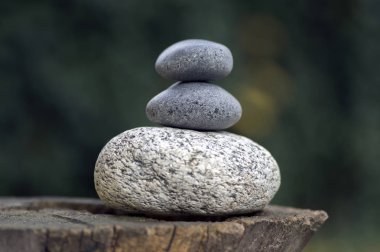 Üç zen taş yığını üzerinde ahşap stump, beyaz ve gri meditasyon çakıl Kulesi