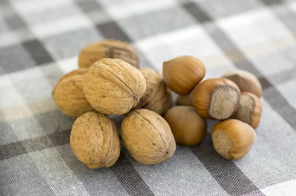 Walnuts and hazelnuts in hard shells, pile on checkered tablecloth, one walnut with broken shell