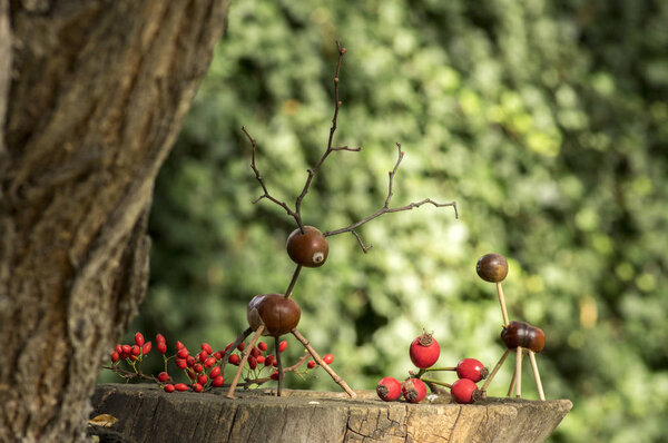 Chestnut animals on wooden stump, deer and female deer made of chestnuts, acorns and twigs, green background with autumn red fruits like barberries and rose hips